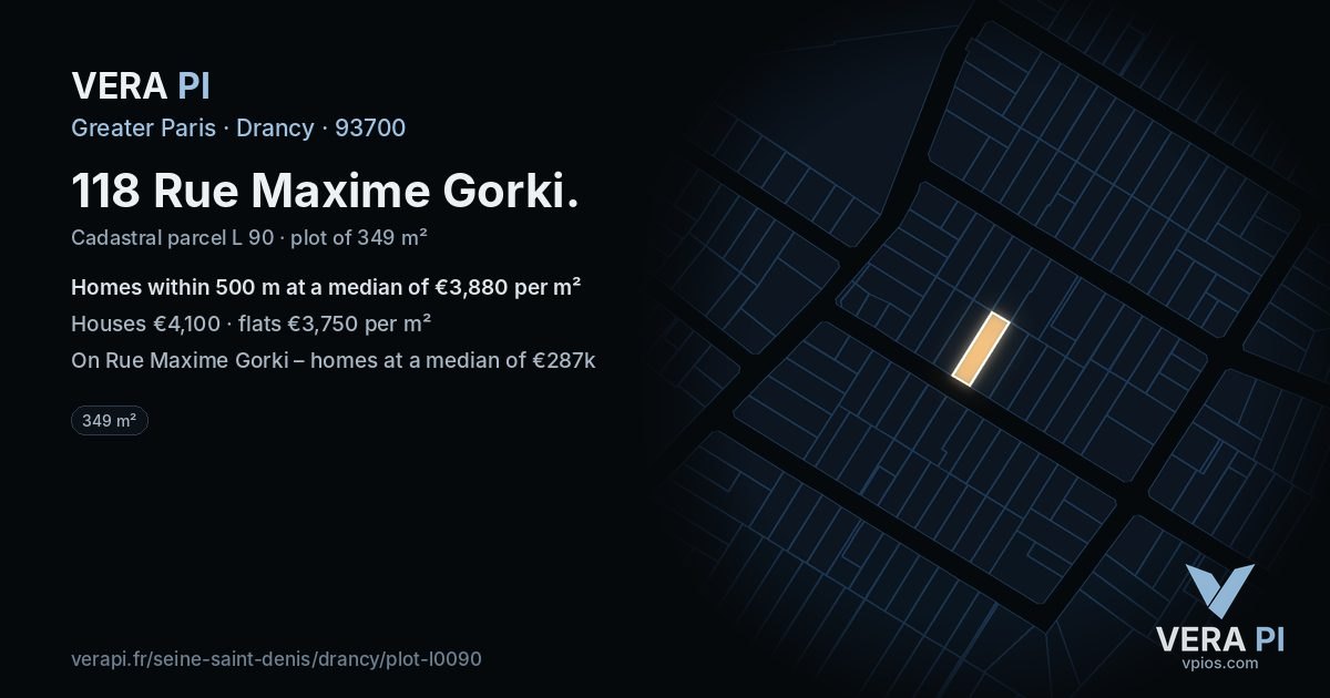 118 Rue Maxime Gorki, Drancy at night – the plot lit, the parcels around coloured by the prices near them