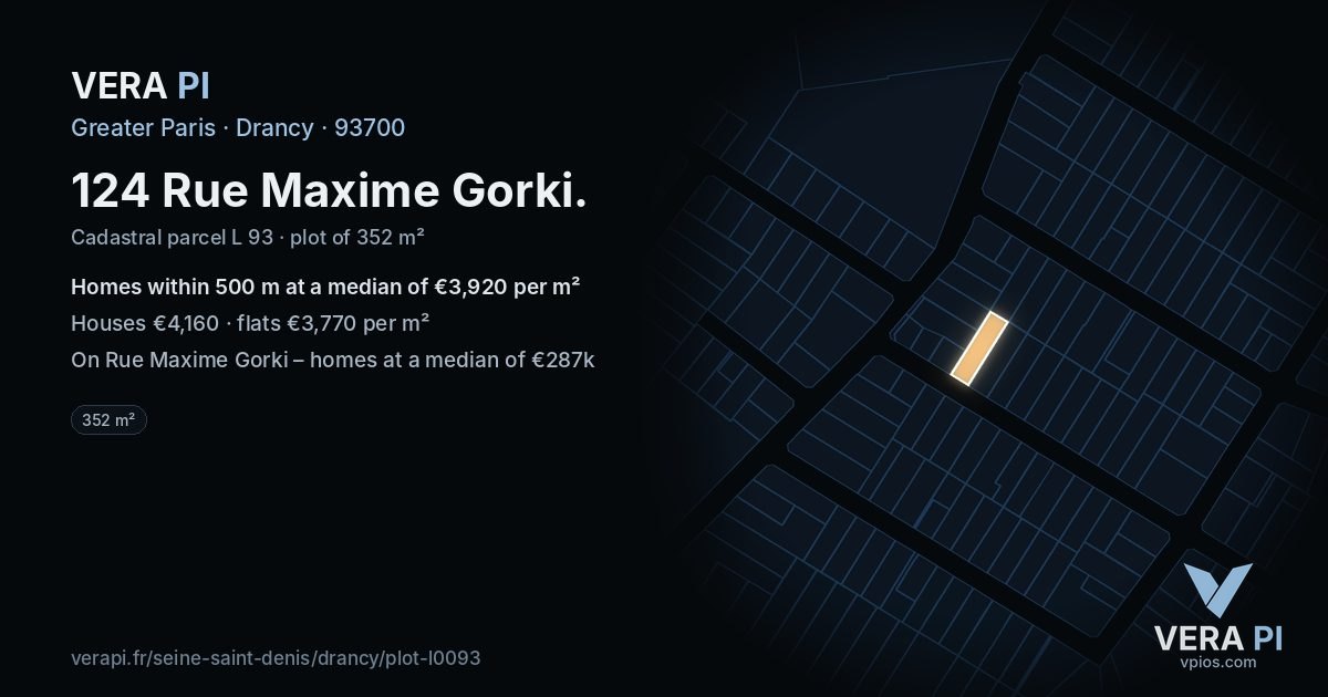 124 Rue Maxime Gorki, Drancy at night – the plot lit, the parcels around coloured by the prices near them