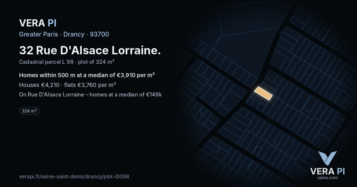 32 Rue D'Alsace Lorraine, Drancy at night – the plot lit, the parcels around coloured by the prices near them