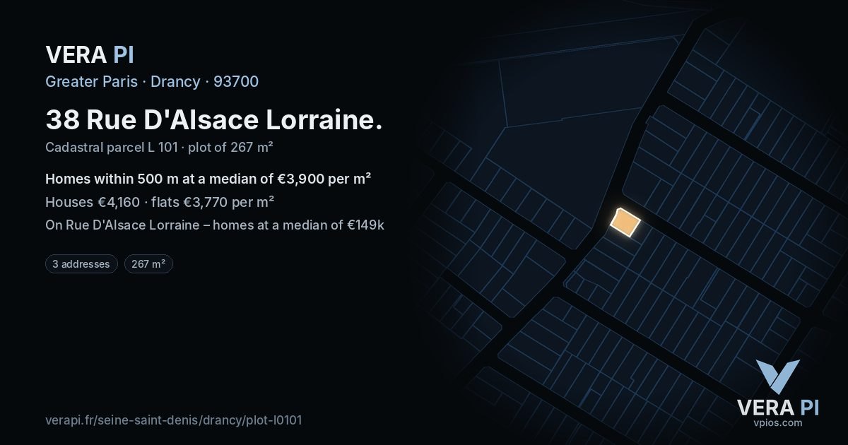 38 Rue D'Alsace Lorraine, Drancy at night – the plot lit, the parcels around coloured by the prices near them