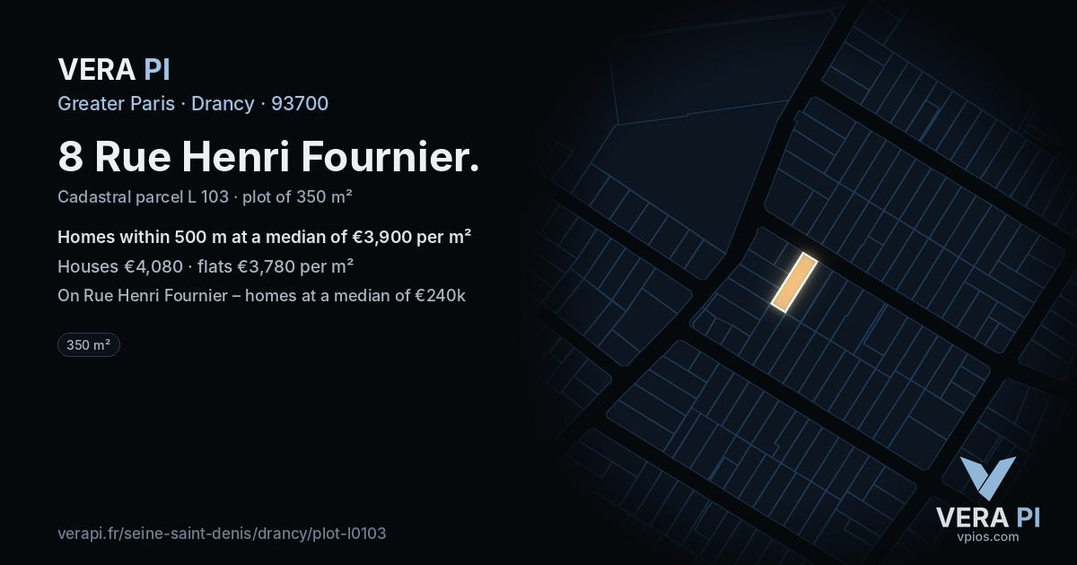 8 Rue Henri Fournier, Drancy at night – the plot lit, the parcels around coloured by the prices near them