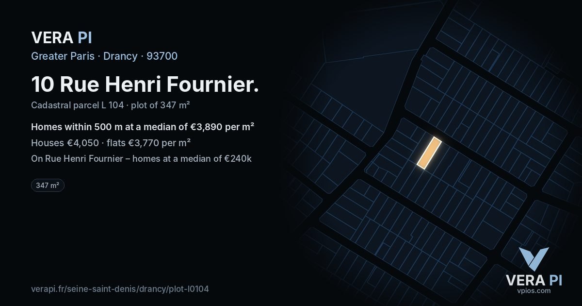 10 Rue Henri Fournier, Drancy at night – the plot lit, the parcels around coloured by the prices near them