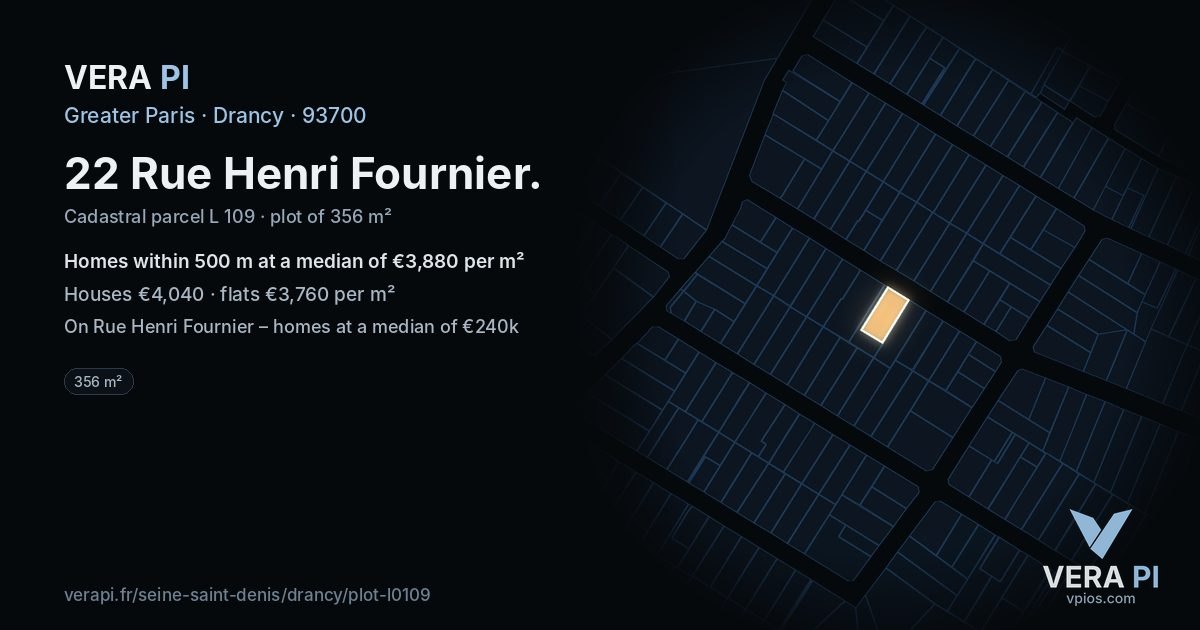 22 Rue Henri Fournier, Drancy at night – the plot lit, the parcels around coloured by the prices near them