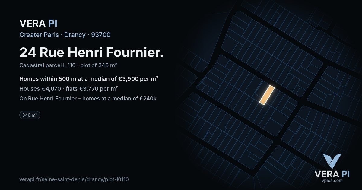 24 Rue Henri Fournier, Drancy at night – the plot lit, the parcels around coloured by the prices near them