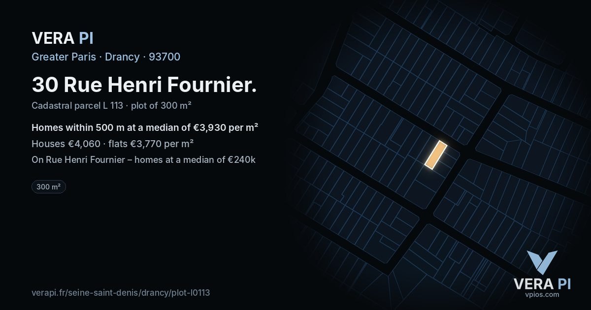 30 Rue Henri Fournier, Drancy at night – the plot lit, the parcels around coloured by the prices near them