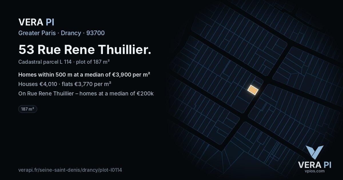 53 Rue Rene Thuillier, Drancy at night – the plot lit, the parcels around coloured by the prices near them