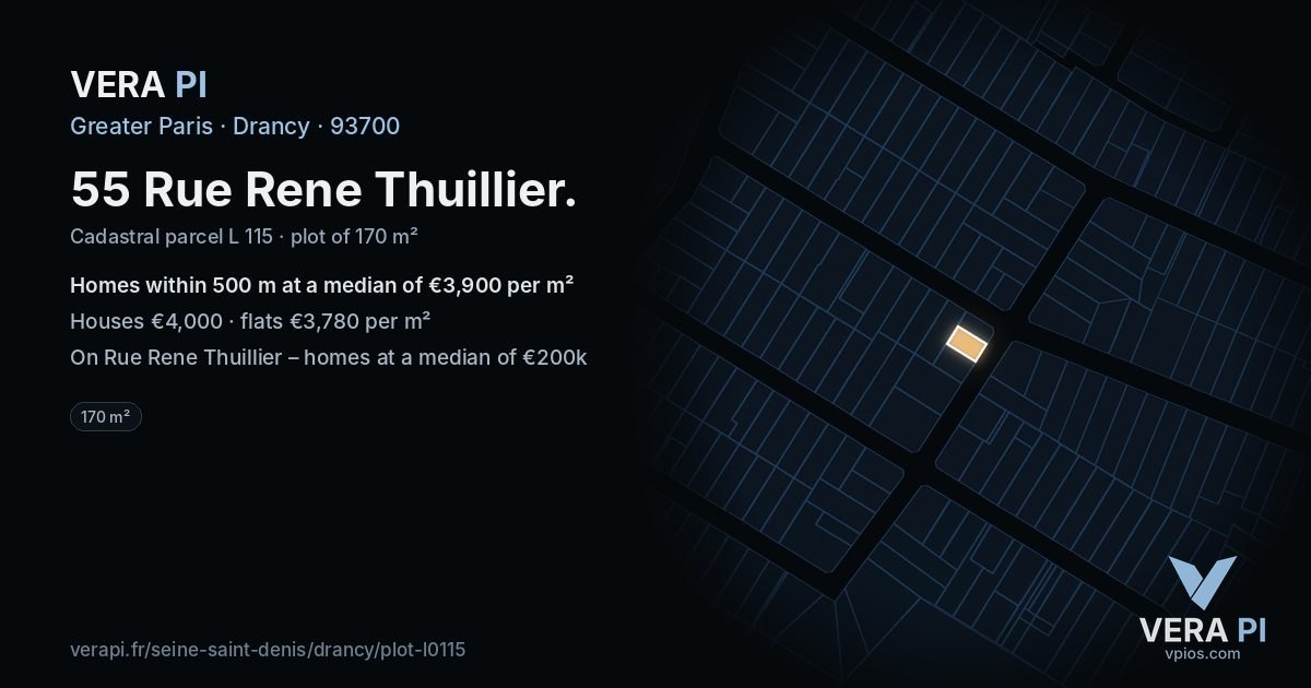 55 Rue Rene Thuillier, Drancy at night – the plot lit, the parcels around coloured by the prices near them