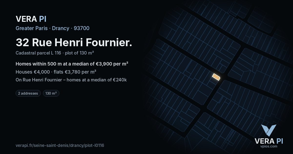 32 Rue Henri Fournier, Drancy at night – the plot lit, the parcels around coloured by the prices near them