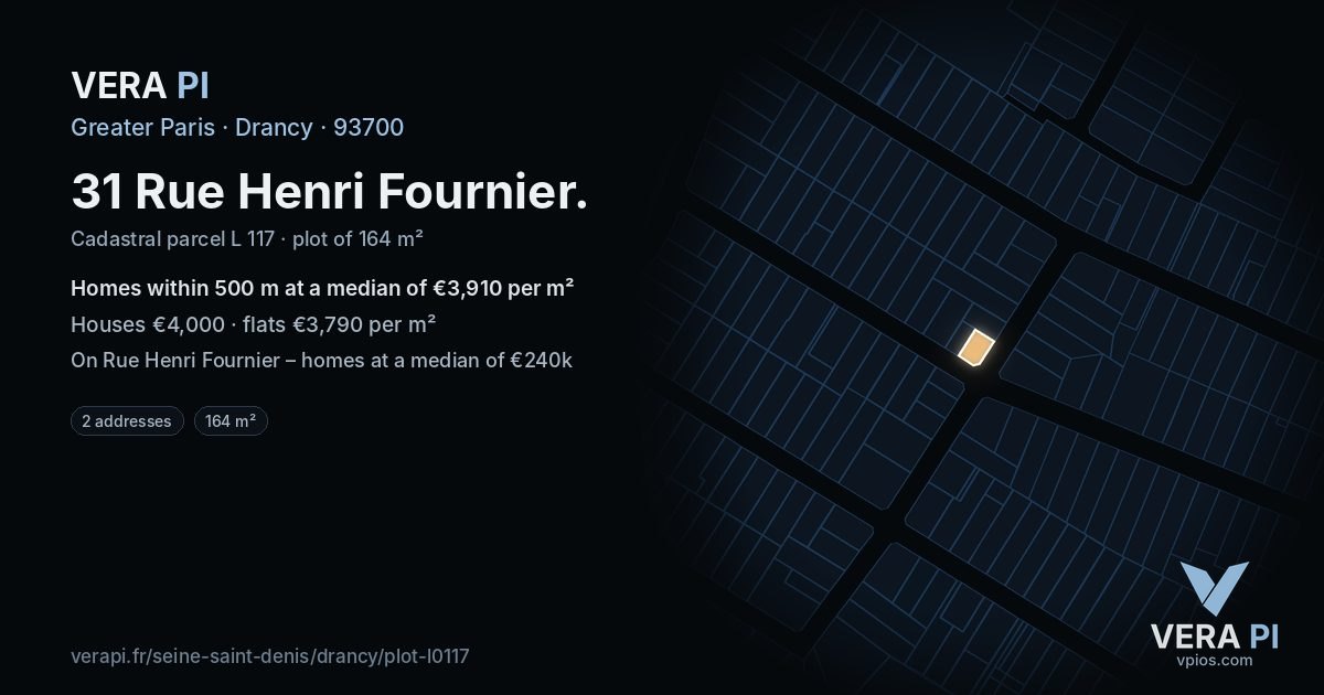 31 Rue Henri Fournier, Drancy at night – the plot lit, the parcels around coloured by the prices near them