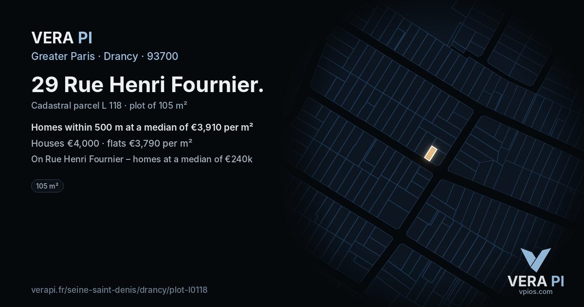 29 Rue Henri Fournier, Drancy at night – the plot lit, the parcels around coloured by the prices near them
