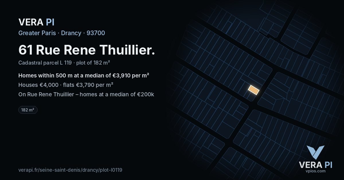 61 Rue Rene Thuillier, Drancy at night – the plot lit, the parcels around coloured by the prices near them
