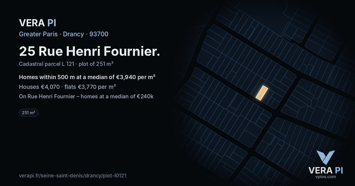 25 Rue Henri Fournier, Drancy at night – the plot lit, the parcels around coloured by the prices near them