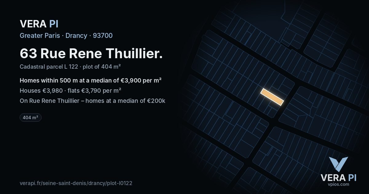 63 Rue Rene Thuillier, Drancy at night – the plot lit, the parcels around coloured by the prices near them