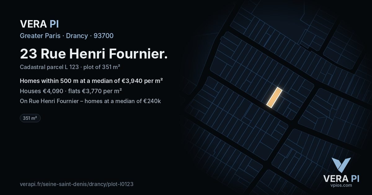 23 Rue Henri Fournier, Drancy at night – the plot lit, the parcels around coloured by the prices near them