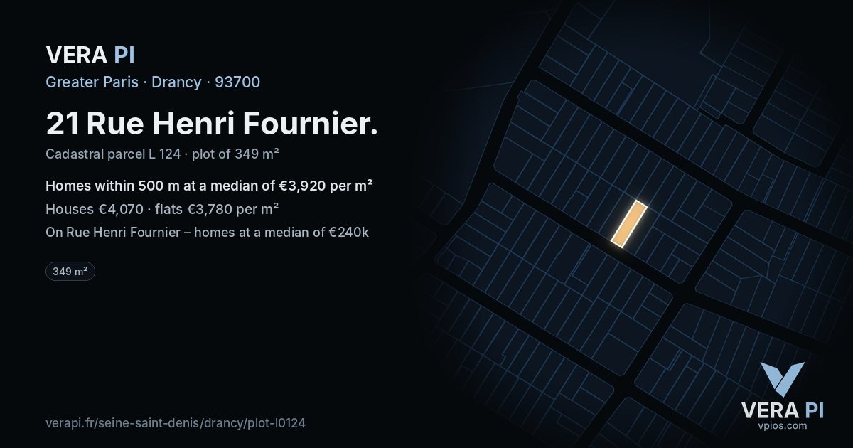 21 Rue Henri Fournier, Drancy at night – the plot lit, the parcels around coloured by the prices near them