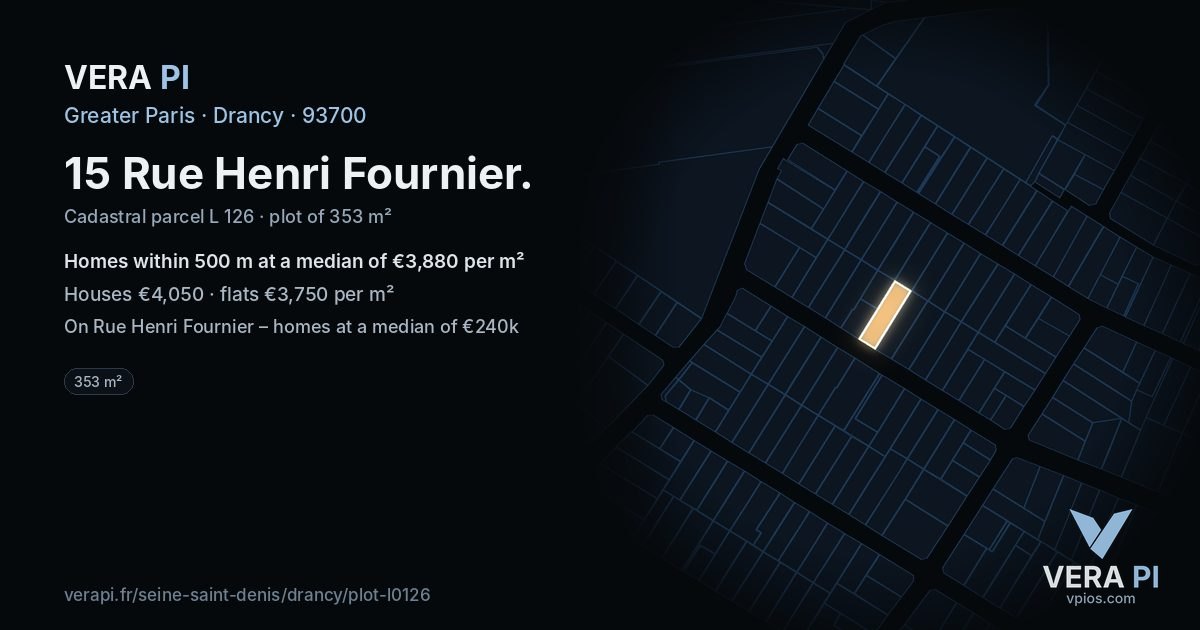 15 Rue Henri Fournier, Drancy at night – the plot lit, the parcels around coloured by the prices near them
