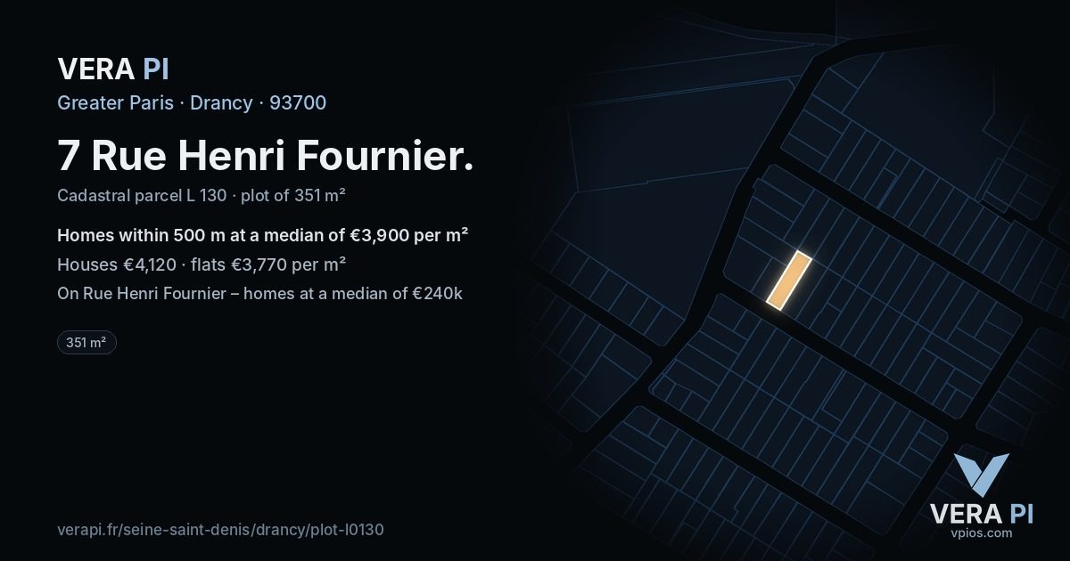 7 Rue Henri Fournier, Drancy at night – the plot lit, the parcels around coloured by the prices near them