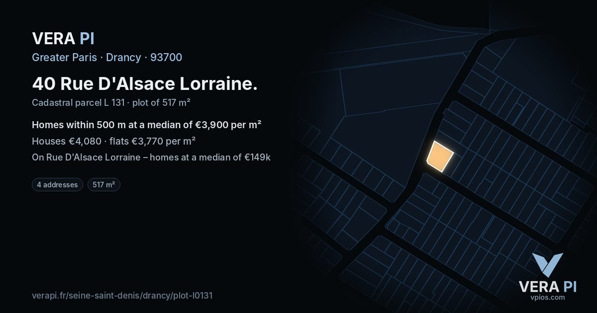 40 Rue D'Alsace Lorraine, Drancy at night – the plot lit, the parcels around coloured by the prices near them