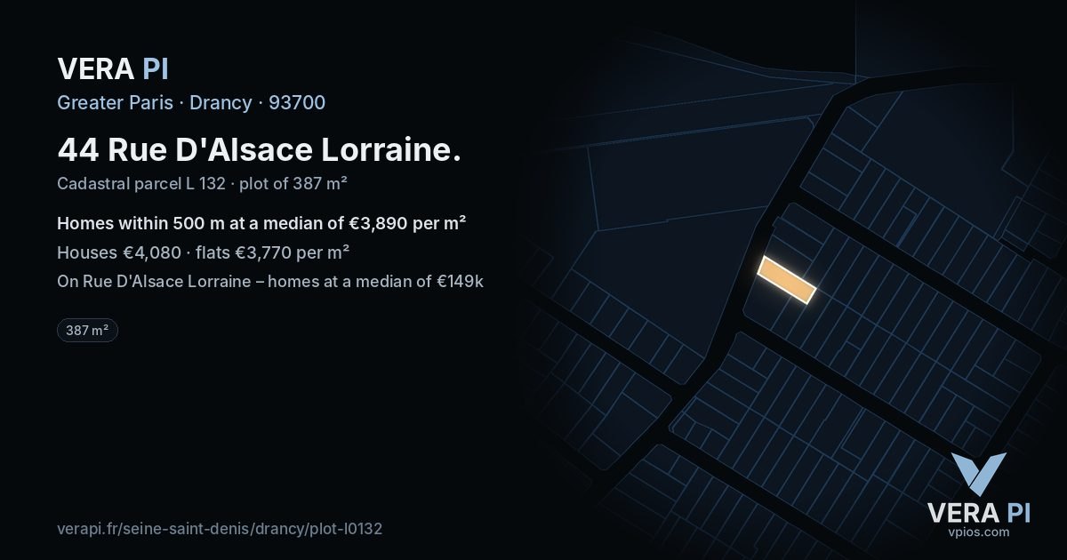 44 Rue D'Alsace Lorraine, Drancy at night – the plot lit, the parcels around coloured by the prices near them