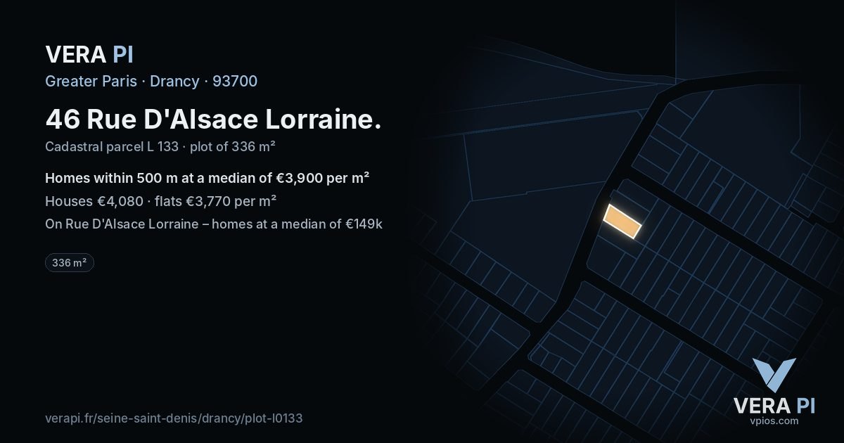 46 Rue D'Alsace Lorraine, Drancy at night – the plot lit, the parcels around coloured by the prices near them
