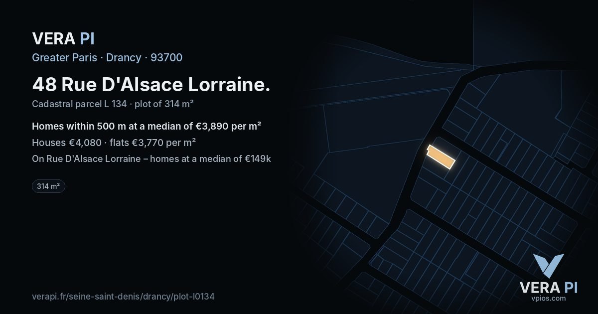 48 Rue D'Alsace Lorraine, Drancy at night – the plot lit, the parcels around coloured by the prices near them