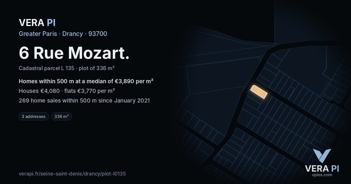 6 Rue Mozart, Drancy at night – the plot lit, the parcels around coloured by the prices near them