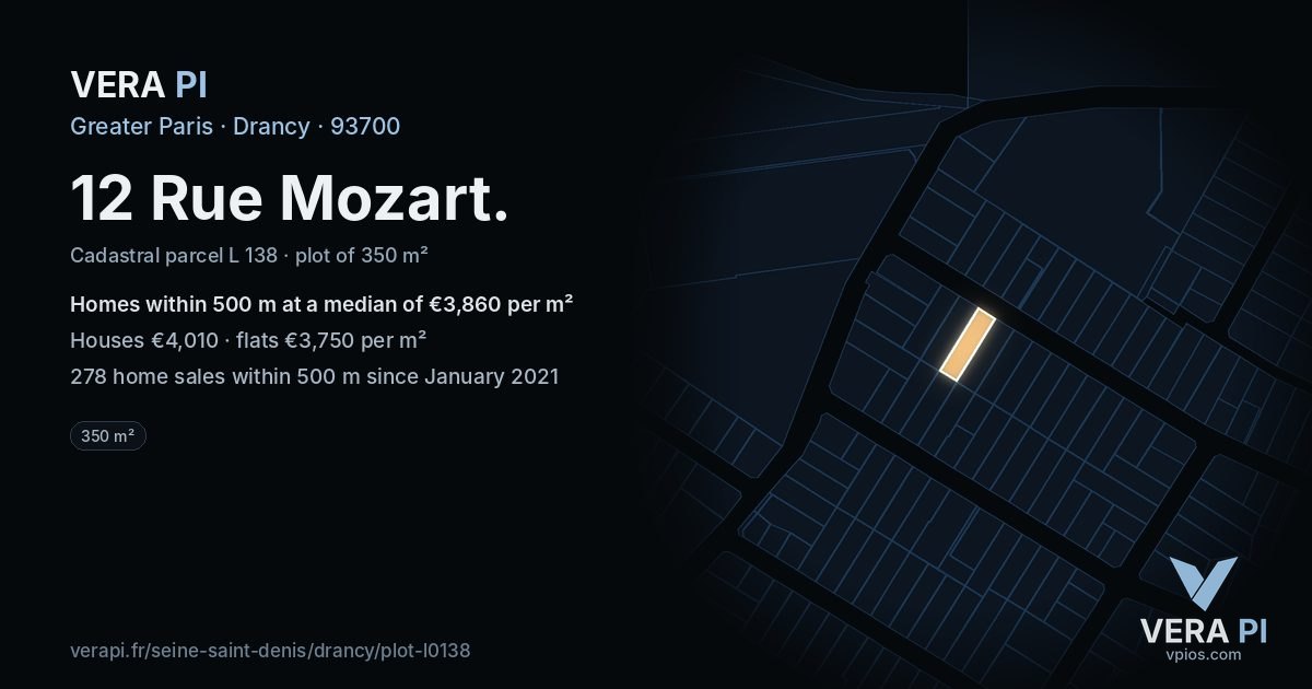 12 Rue Mozart, Drancy at night – the plot lit, the parcels around coloured by the prices near them