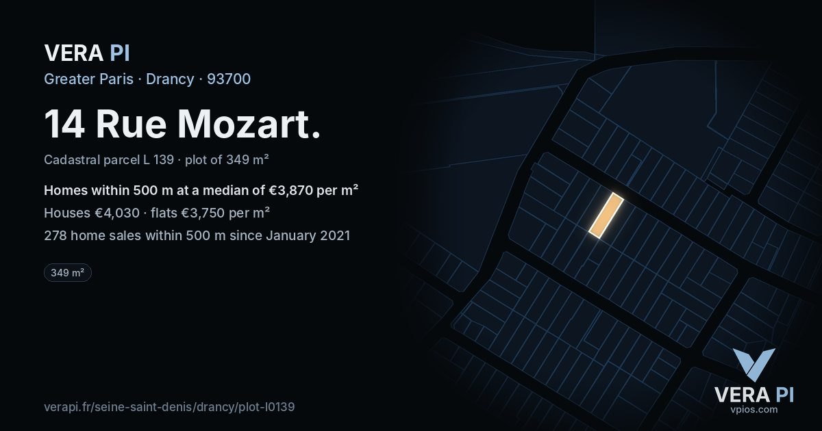 14 Rue Mozart, Drancy at night – the plot lit, the parcels around coloured by the prices near them