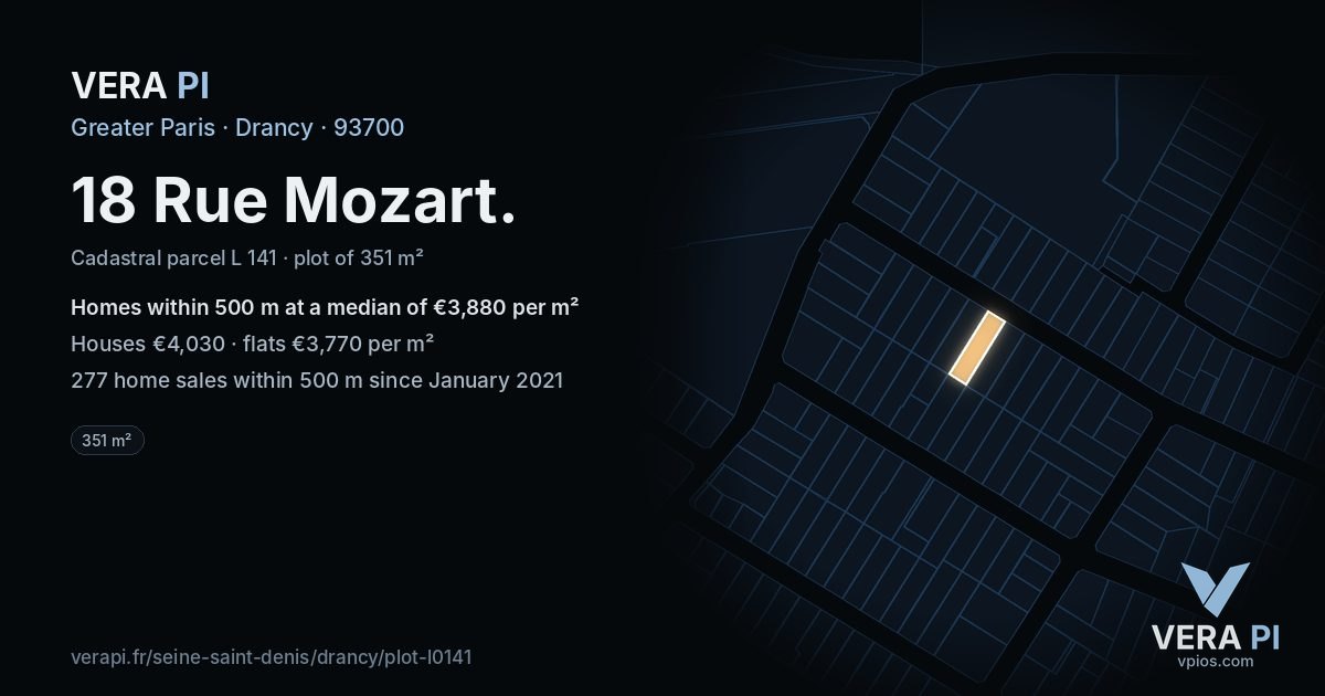 18 Rue Mozart, Drancy at night – the plot lit, the parcels around coloured by the prices near them