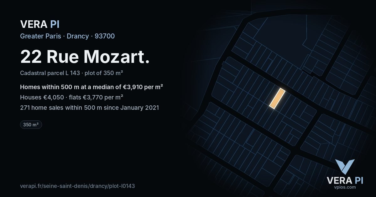 22 Rue Mozart, Drancy at night – the plot lit, the parcels around coloured by the prices near them