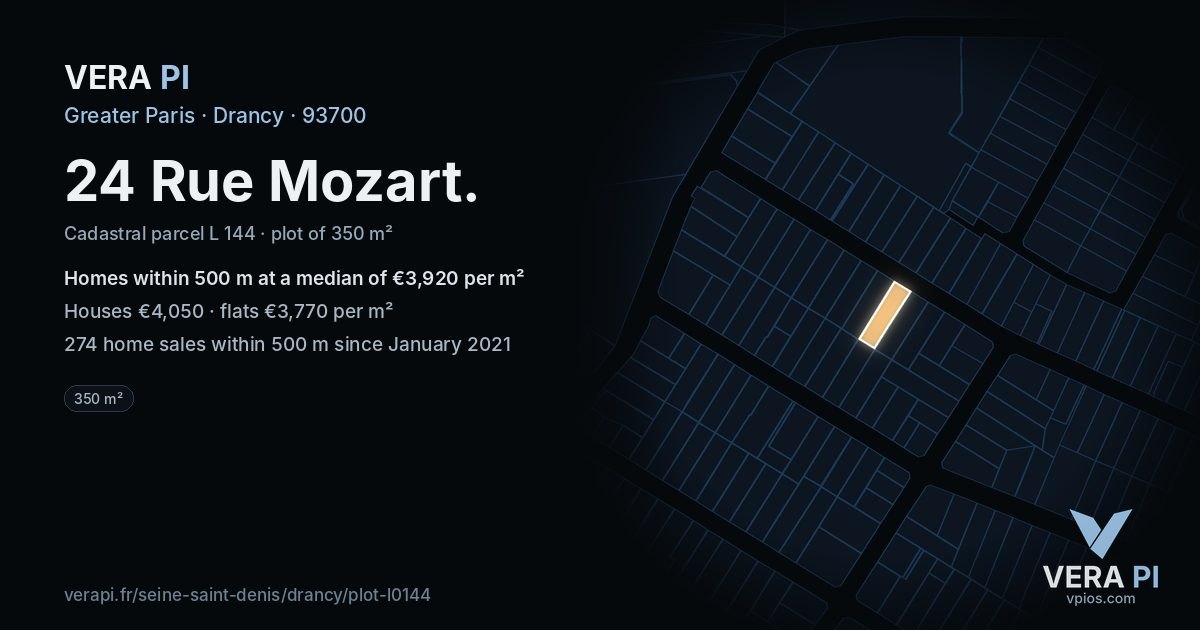 24 Rue Mozart, Drancy at night – the plot lit, the parcels around coloured by the prices near them