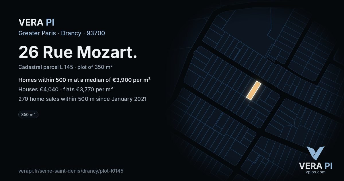 26 Rue Mozart, Drancy at night – the plot lit, the parcels around coloured by the prices near them
