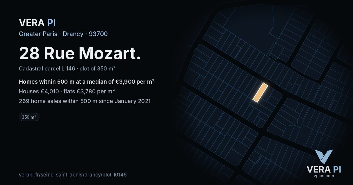 28 Rue Mozart, Drancy at night – the plot lit, the parcels around coloured by the prices near them