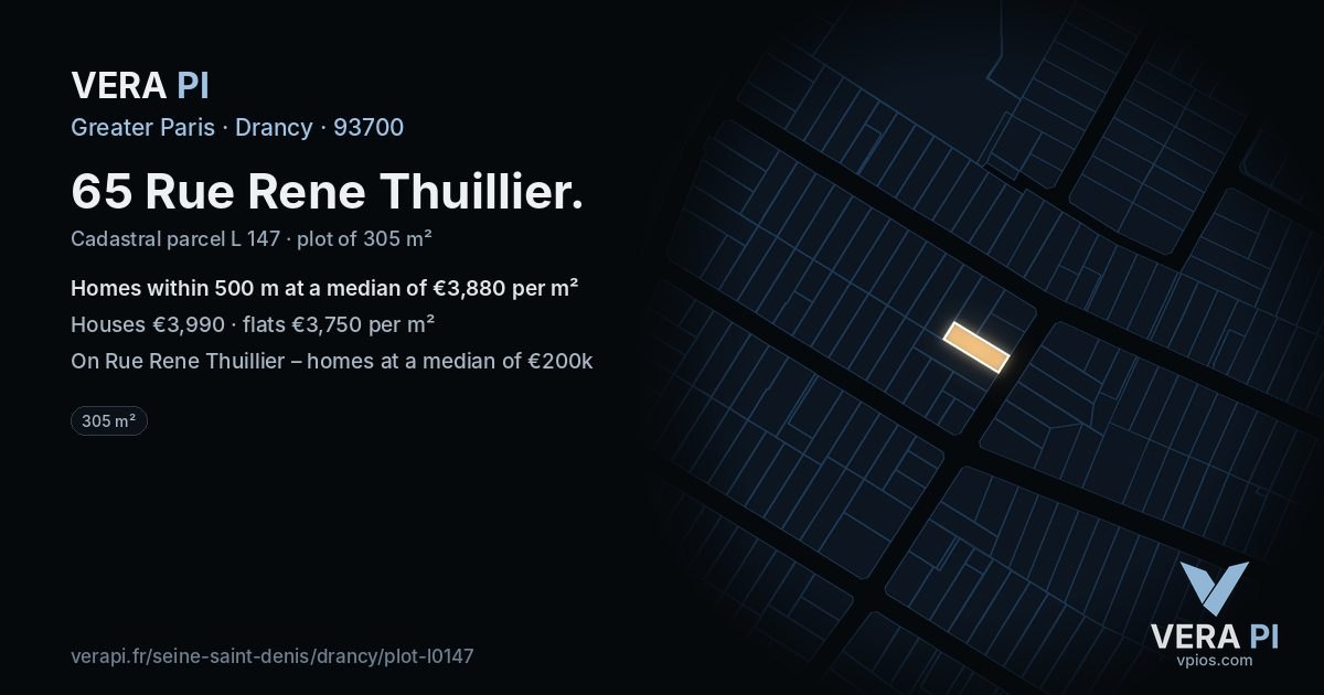 65 Rue Rene Thuillier, Drancy at night – the plot lit, the parcels around coloured by the prices near them