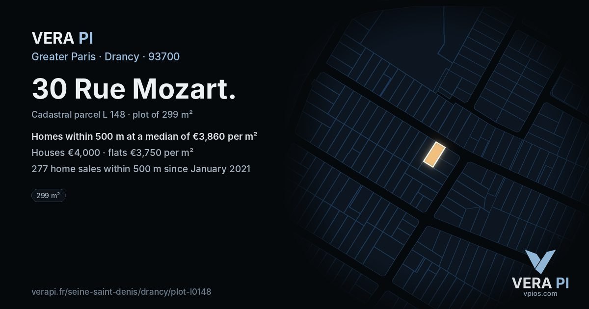 30 Rue Mozart, Drancy at night – the plot lit, the parcels around coloured by the prices near them