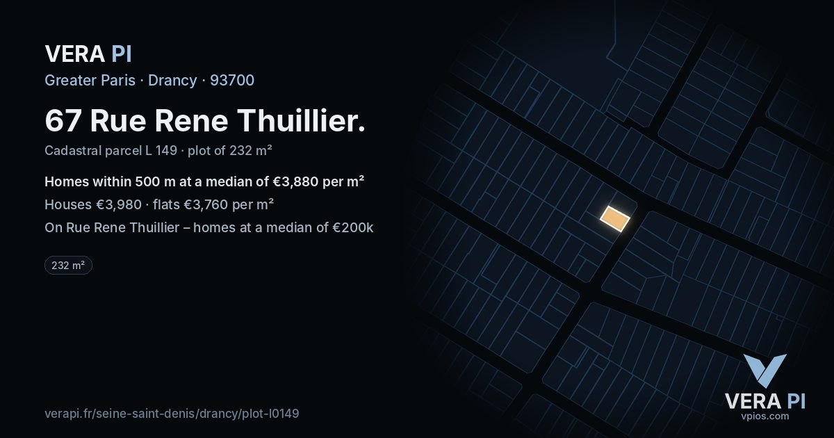 67 Rue Rene Thuillier, Drancy at night – the plot lit, the parcels around coloured by the prices near them
