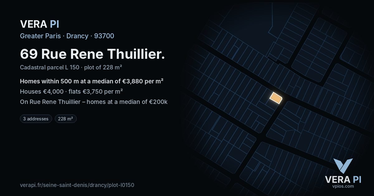 69 Rue Rene Thuillier, Drancy at night – the plot lit, the parcels around coloured by the prices near them