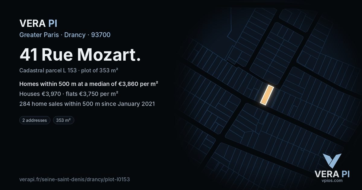 41 Rue Mozart, Drancy at night – the plot lit, the parcels around coloured by the prices near them