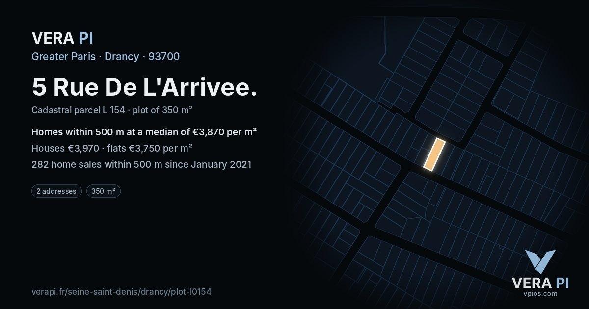 5 Rue De L'Arrivee, Drancy at night – the plot lit, the parcels around coloured by the prices near them