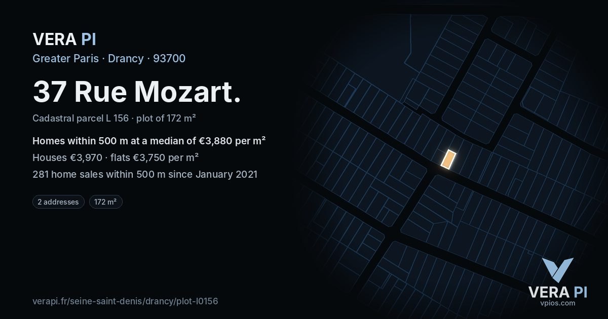 37 Rue Mozart, Drancy at night – the plot lit, the parcels around coloured by the prices near them