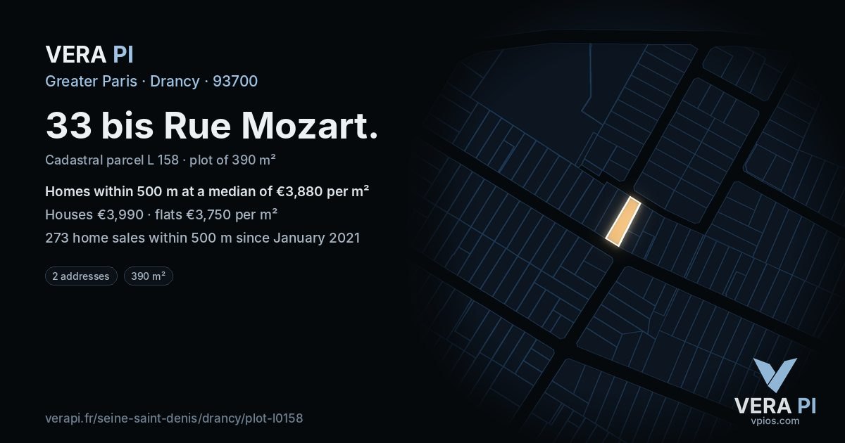 33 bis Rue Mozart, Drancy at night – the plot lit, the parcels around coloured by the prices near them