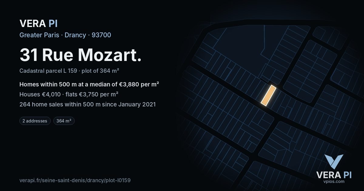 31 Rue Mozart, Drancy at night – the plot lit, the parcels around coloured by the prices near them