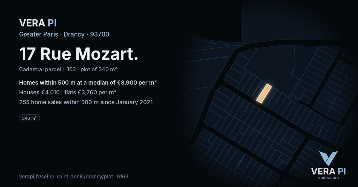 17 Rue Mozart, Drancy at night – the plot lit, the parcels around coloured by the prices near them