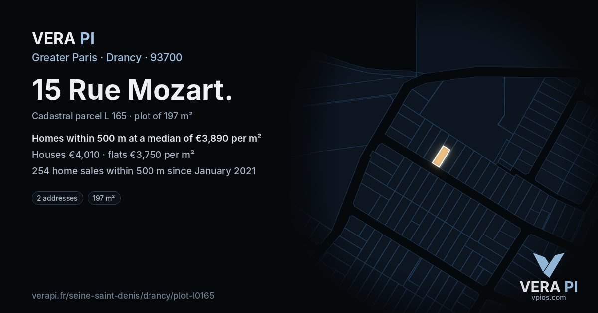 15 Rue Mozart, Drancy at night – the plot lit, the parcels around coloured by the prices near them