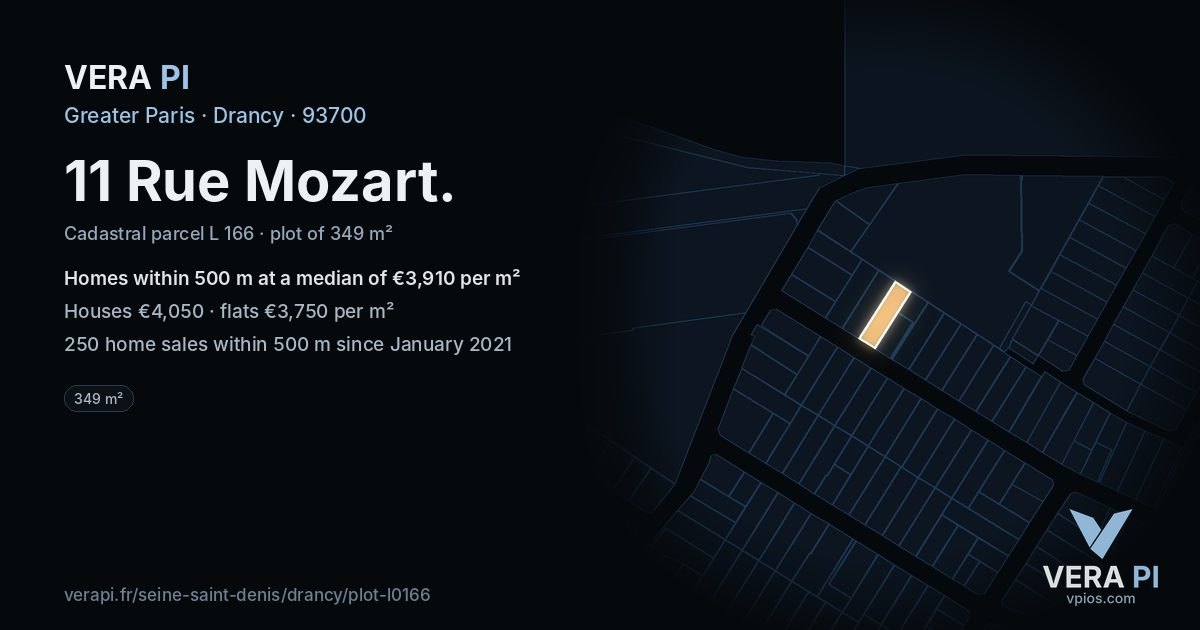 11 Rue Mozart, Drancy at night – the plot lit, the parcels around coloured by the prices near them