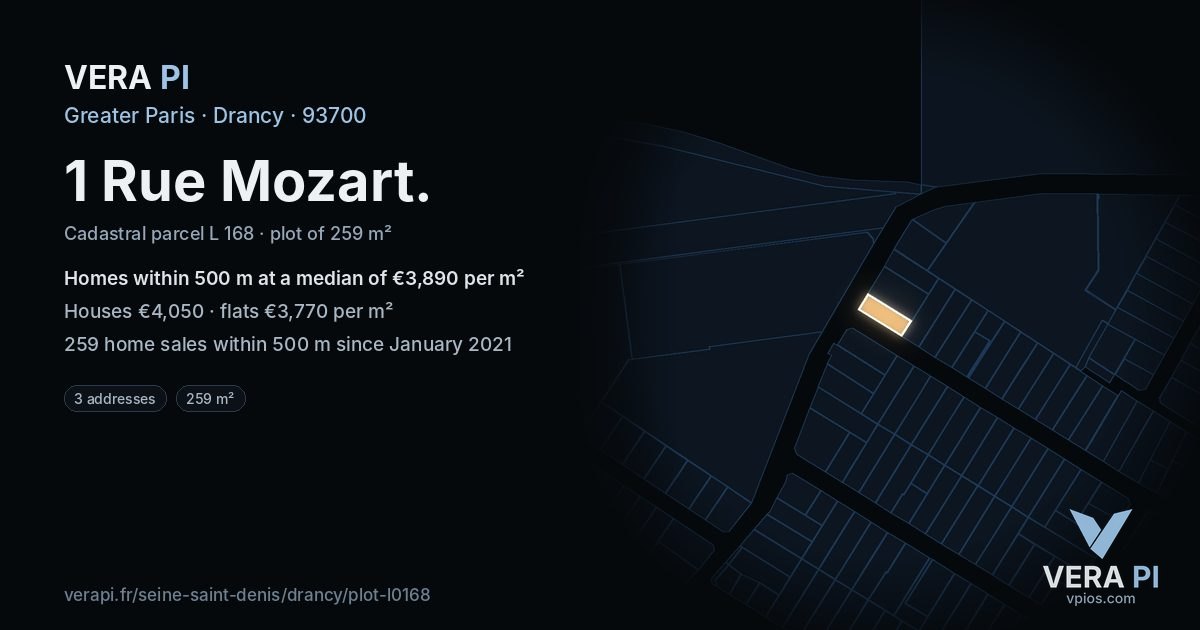 1 Rue Mozart, Drancy at night – the plot lit, the parcels around coloured by the prices near them