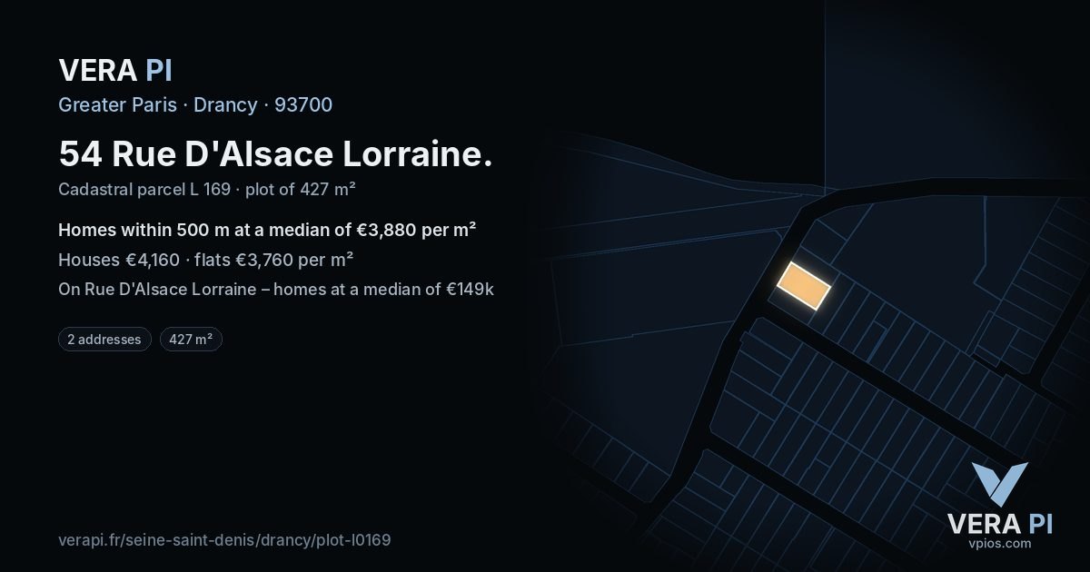 54 Rue D'Alsace Lorraine, Drancy at night – the plot lit, the parcels around coloured by the prices near them