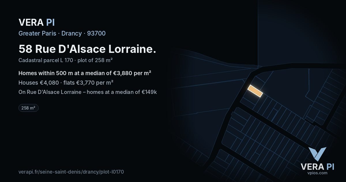 58 Rue D'Alsace Lorraine, Drancy at night – the plot lit, the parcels around coloured by the prices near them