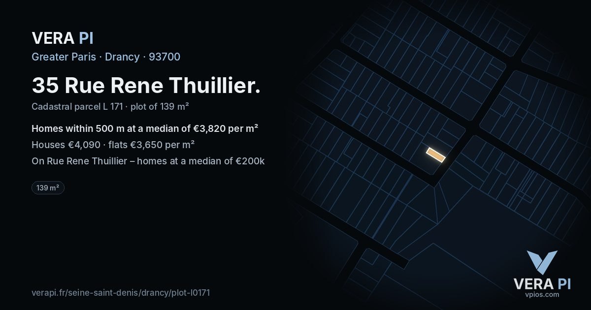 35 Rue Rene Thuillier, Drancy at night – the plot lit, the parcels around coloured by the prices near them