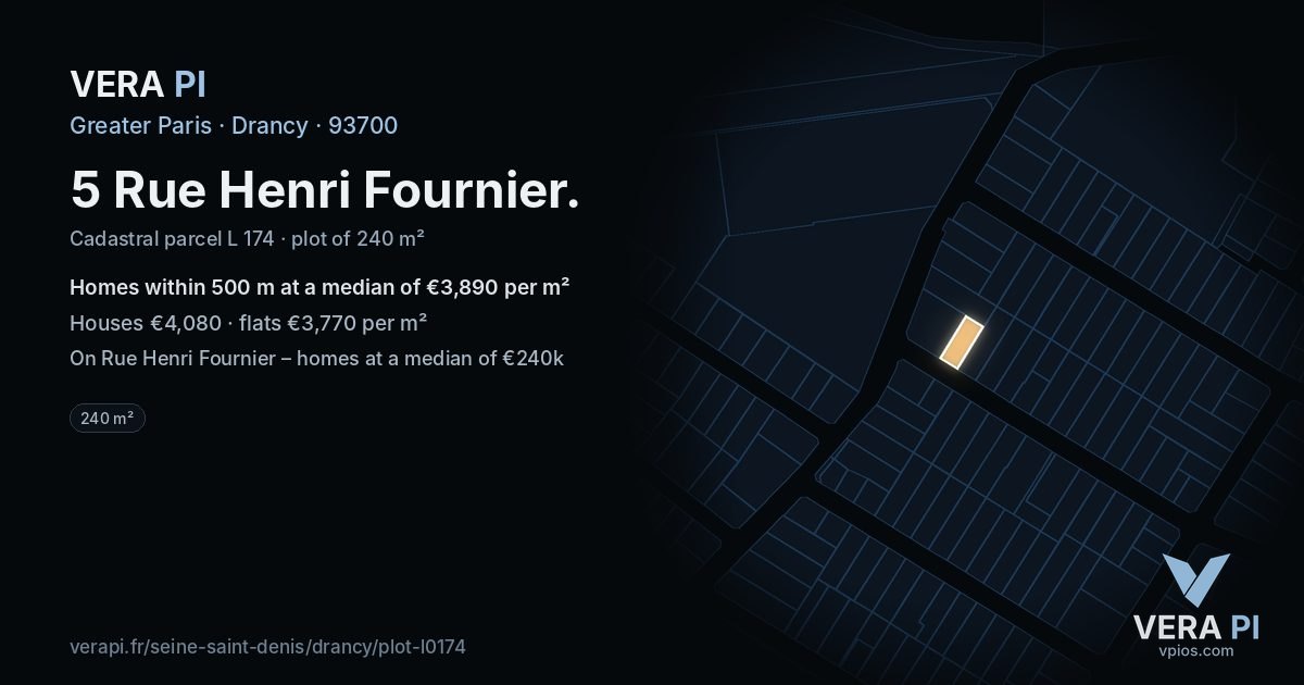 5 Rue Henri Fournier, Drancy at night – the plot lit, the parcels around coloured by the prices near them